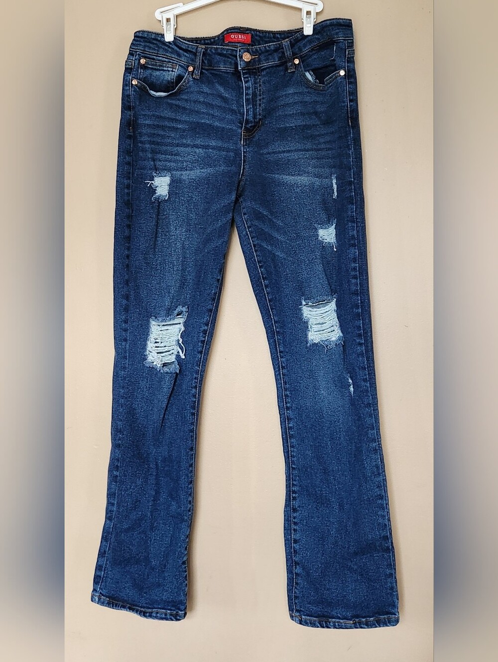 Guess Los Angeles Womens Distressed Jeans Straight Leg Sz 32 (Fits 34) Dark Blue